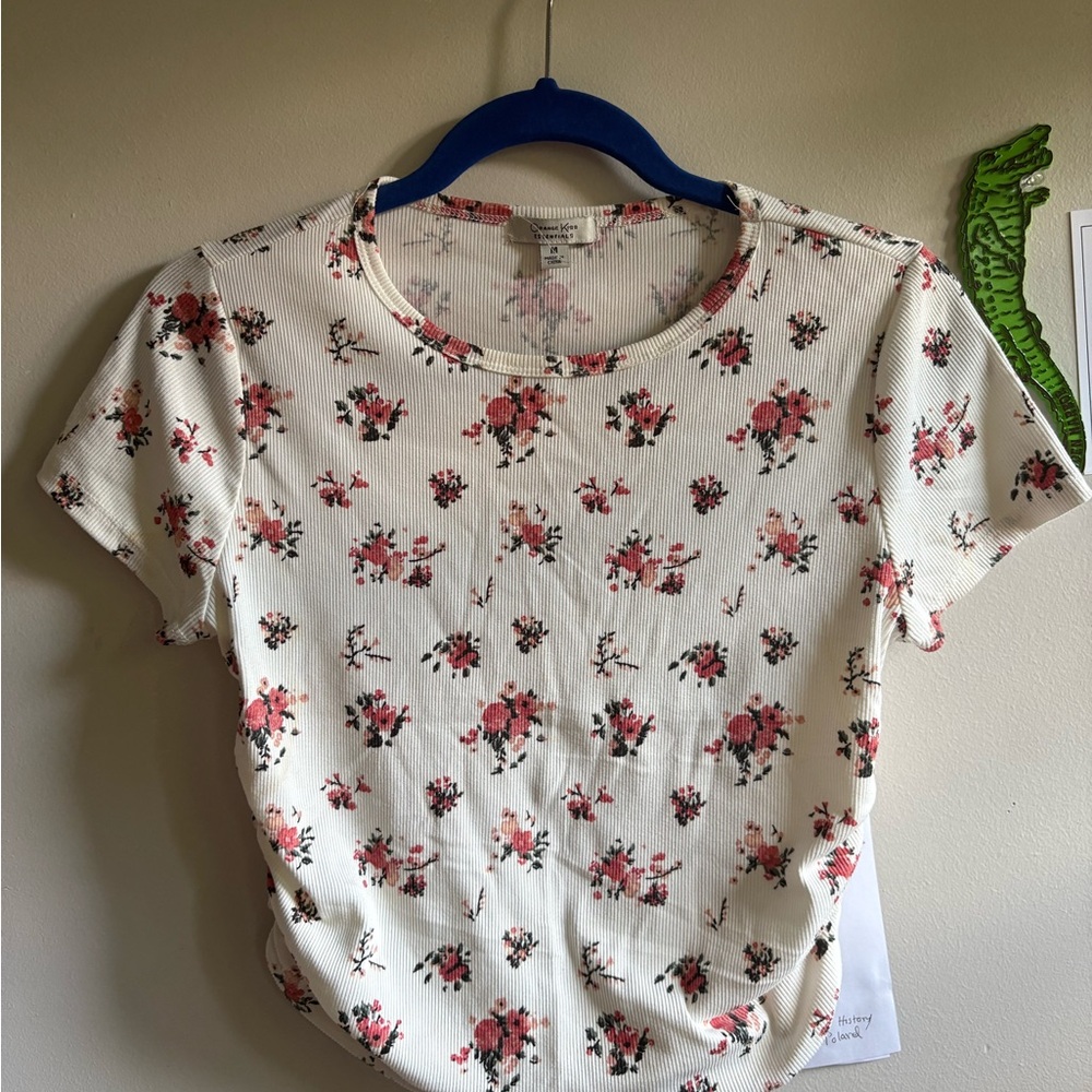 Cream and Pink Floral Crop Top with Ruched Side